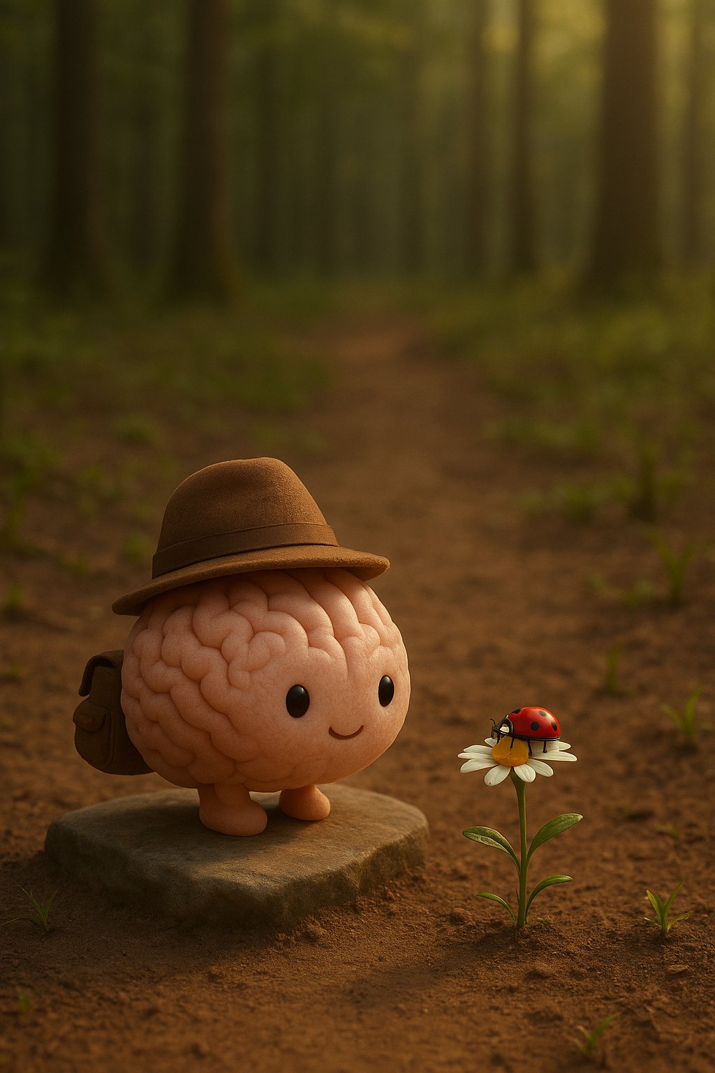 Juno the brain mascot, hat and backpack, beginning a forest trail
