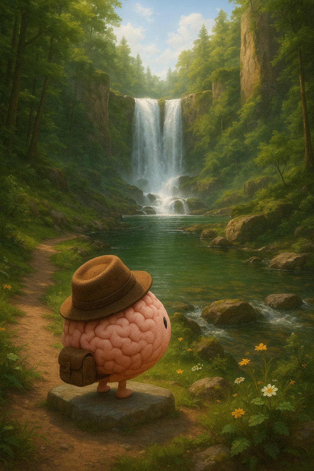 Juno on a stone looking out at a tall waterfall and emerald pool
