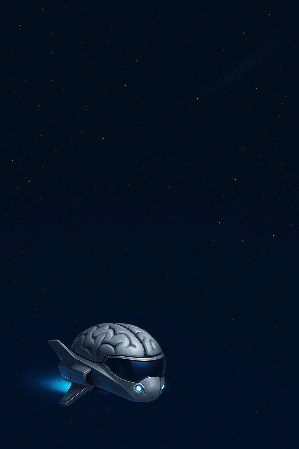 A small brain-shaped spacecraft alone in dark space