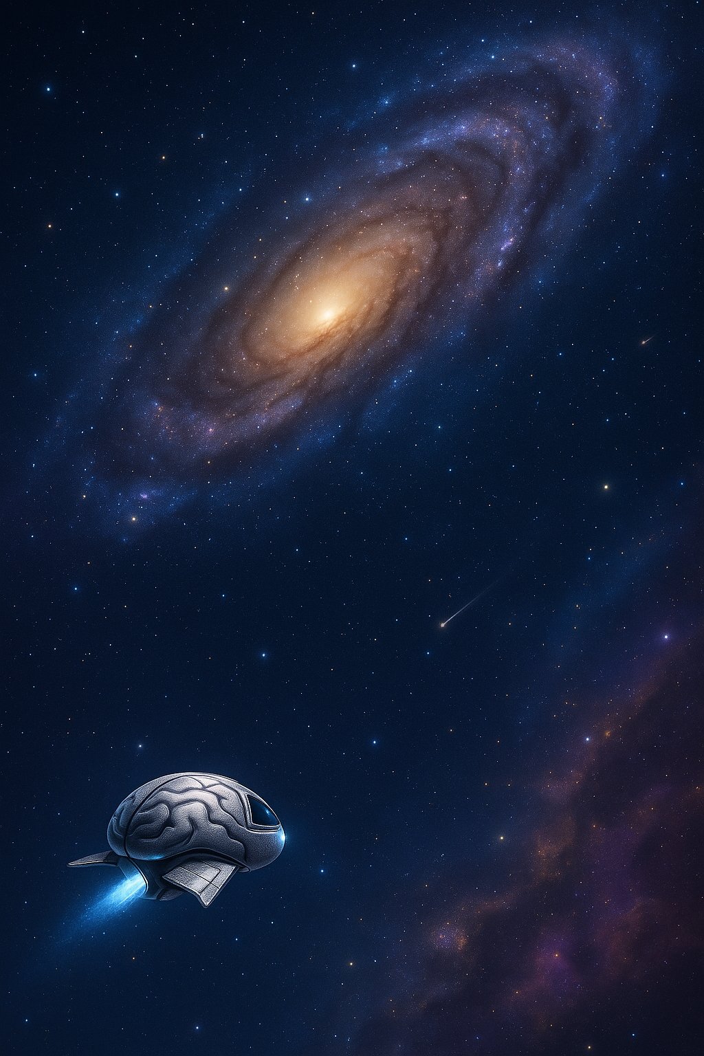 The brain spacecraft cruising near a spiral galaxy