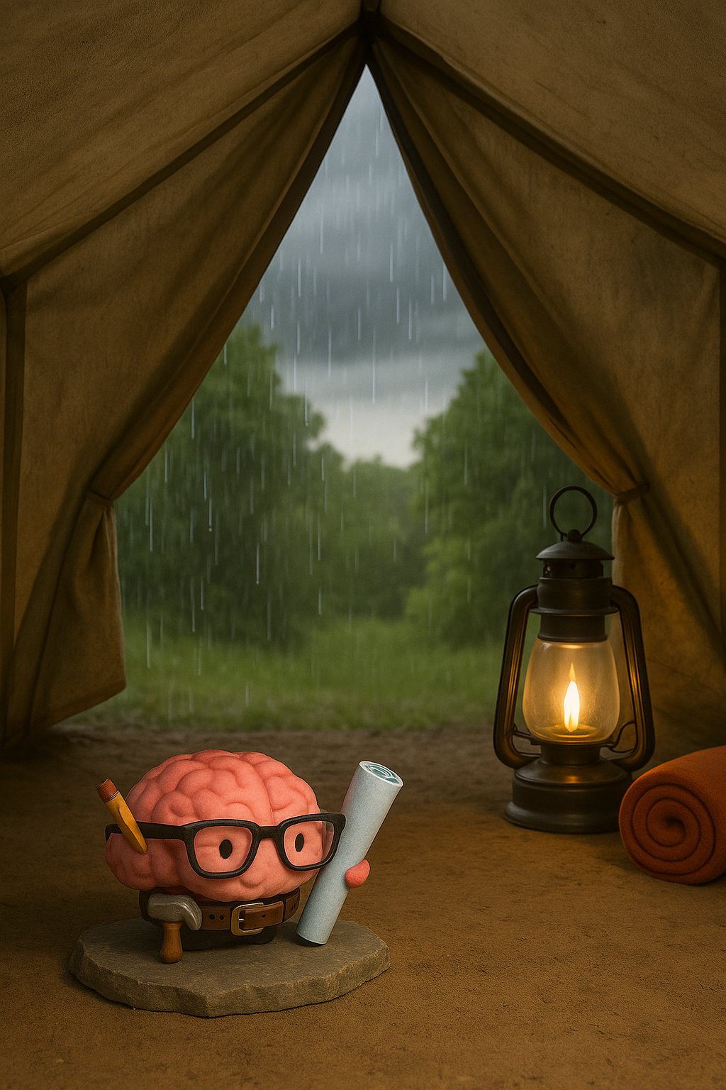 Juno in a canvas tent during a rainstorm, lantern lit