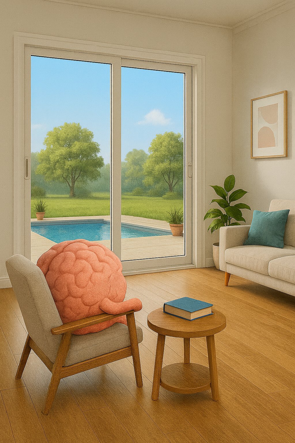 Juno relaxing in a sunny living room with sliding doors open to a pool